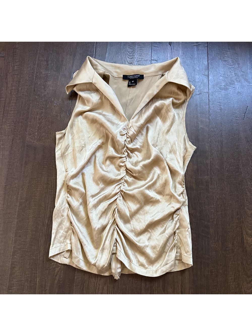 Vintage Y2K Karen Kane Silk Blouse 10 Champagne Ruched Satin Top Quiet Luxury